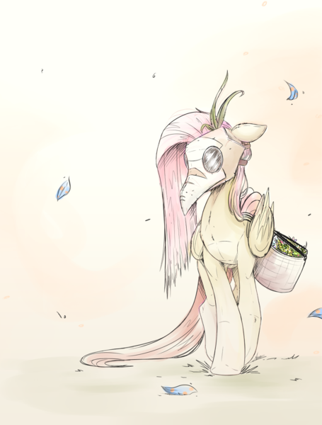 Size: 1137x1500 | Tagged: safe, artist:ncmares, derpibooru import, fluttershy, pegasus, pony, basket, female, harbinger, mare, plague doctor, plague doctor mask, solo, walking