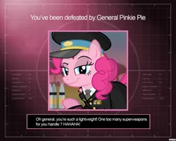 Size: 1280x1024 | Tagged: safe, artist:a4r91n, derpibooru import, pinkie pie, earth pony, pony, cap, clothes, command and conquer, command and conquer: generals, crossover, hat, looking at you, medals, military uniform, nuclear weapon, smug, uniform, weapon, you lose