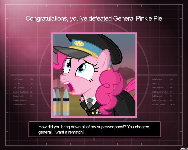 Size: 1280x1024 | Tagged: safe, alternate version, artist:a4r91n, derpibooru import, pinkie pie, earth pony, pony, cap, clothes, command and conquer, command and conquer: generals, crossover, hat, medal, military uniform, nuclear weapon, open mouth, uniform, weapon, you win