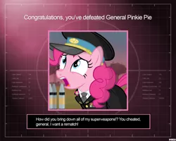 Size: 1280x1024 | Tagged: safe, alternate version, artist:a4r91n, derpibooru import, pinkie pie, earth pony, pony, cap, clothes, command and conquer, command and conquer: generals, crossover, hat, medal, military uniform, nuclear weapon, open mouth, uniform, weapon, you win