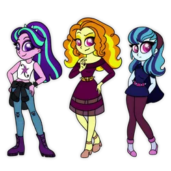 Size: 1200x1200 | Tagged: safe, artist:carouselunique, derpibooru import, adagio dazzle, aria blaze, sonata dusk, alternate costumes, alternate hairstyle, belly button, clothes, dress, female, looking at you, midriff, simple background, smiling, tanktop, the dazzlings, transparent background