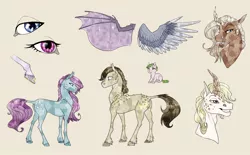 Size: 1320x820 | Tagged: safe, artist:dementra369, derpibooru import, crystal pony, pony, bat wings, crystal, crystal horn, crystals on body, female, foal, headcanon, hooves, male, male and female, reference, reference sheet, simple background, smiling, transparent background, wings