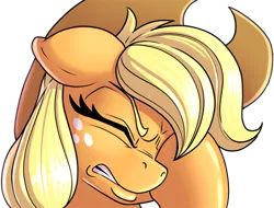 Size: 500x379 | Tagged: safe, artist:pusspuss, derpibooru import, applejack, earth pony, pony, facehoof, female, frustrated, hat, irritated, reaction image, simple background, solo, transparent background