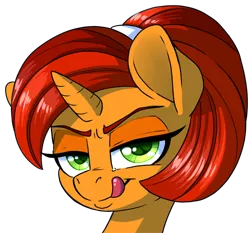 Size: 500x465 | Tagged: safe, artist:pusspuss, derpibooru import, stellar flare, pony, explicit source, female, licking, licking lips, reaction image, simple background, solo, tongue out, transparent background