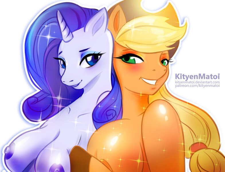 Size: 1024x783 | Tagged: questionable, artist:kityenmatoi, derpibooru import, applejack, rarity, anthro, earth pony, unicorn, arm hooves, blushing, breasts, busty applejack, duo, duo female, female, nipples, nudity, simple background, smiling, sparkles, white background