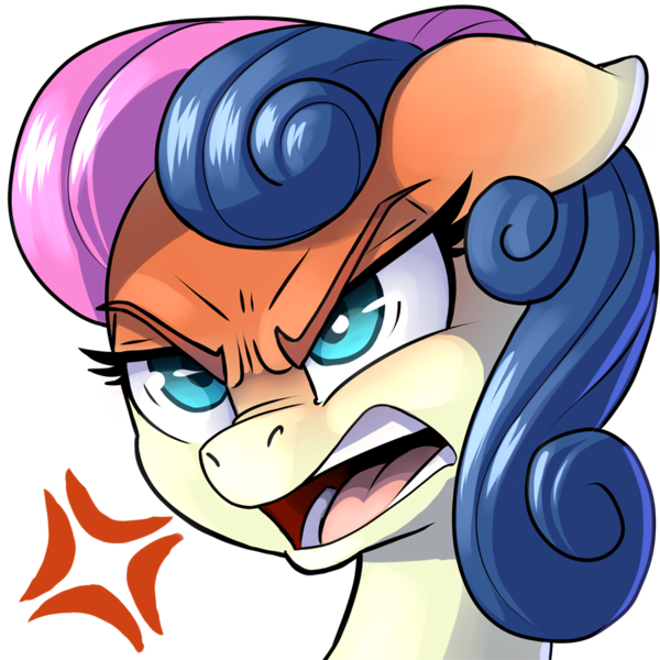 Size: 900x900 | Tagged: safe, artist:pusspuss, derpibooru import, bon bon, sweetie drops, earth pony, pony, angry, bon bon is not amused, bust, cross-popping veins, female, floppy ears, mare, patreon, patreon logo, portrait, reaction image, simple background, solo, transparent background, unamused