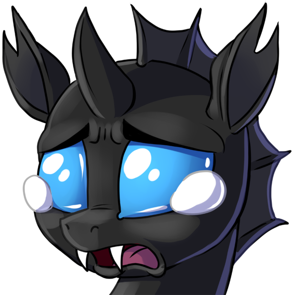 Size: 900x900 | Tagged: adorable distress, artist:pusspuss, bust, changeling, crying, cute, cuteling, daaaaaaaaaaaw, derpibooru import, fangs, frown, looking at you, male, open mouth, patreon, patreon logo, portrait, reaction image, sad, safe, simple background, solo, teary eyes, transparent background