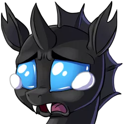 Size: 900x900 | Tagged: adorable distress, artist:pusspuss, bust, changeling, crying, cute, cuteling, daaaaaaaaaaaw, derpibooru import, fangs, frown, looking at you, male, open mouth, patreon, patreon logo, portrait, reaction image, sad, safe, simple background, solo, teary eyes, transparent background