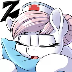 Size: 900x900 | Tagged: safe, artist:pusspuss, derpibooru import, nurse redheart, earth pony, pony, eyes closed, female, mare, open mouth, patreon, patreon logo, pillow, reaction image, simple background, sleeping, sleepy, solo, transparent background, z