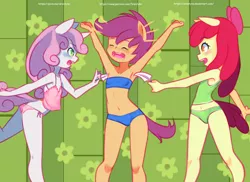 Size: 1584x1152 | Tagged: suggestive, artist:drantyno, derpibooru import, apple bloom, scootaloo, sweetie belle, equestria girls, abstract background, armpits, belly button, blue underwear, blushing, bra, breasts, camisole, child, clothes, cutie mark crusaders, delicious flat chest, eyes closed, feather, flatie belle, flattle bloom, green underwear, laughing, midriff, open mouth, panties, pink underwear, ponied up, raised leg, scootaflat, smiling, tanktop, tickling, underwear