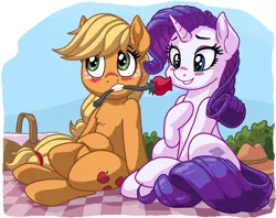 Size: 1650x1307 | Tagged: safe, artist:latecustomer, derpibooru import, applejack, rarity, earth pony, pony, unicorn, basket, blushing, cowboy hat, cute, female, flower, flower in mouth, hat, jackabetes, lesbian, love, mare, mouth hold, picnic, picnic basket, picnic blanket, raribetes, rarijack, rose, rose in mouth, shipping