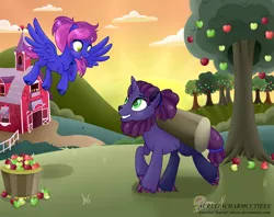 Size: 2605x2059 | Tagged: safe, artist:raspberrystudios, derpibooru import, oc, oc:feather song, oc:lucas, unofficial characters only, pegasus, pony, unicorn, admiring, apple, apple tree, barn, blushing, cloud, cloven hooves, flight, food, in love, longing, shipping, sunset, sweet apple acres, sweet apple acres barn, tree