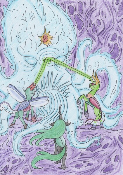 Size: 1595x2272 | Tagged: artist:kuroneko, blast, changedling, changeling, changeling king, changeling queen, colored pencil drawing, crystal, derpibooru import, female, g1, g1 to g4, generation leap, king thorax, kraken, magic, magic beam, magic blast, male, octopus, pharynx, prince pharynx, queen chrysalis, rearing, safe, smooze, spread wings, squirk, thorax, traditional art, trippy, wings