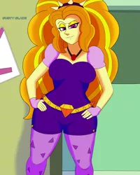 Size: 1680x2100 | Tagged: safe, artist:gusty glade, derpibooru import, adagio dazzle, equestria girls, breasts, busty adagio dazzle, clothes, female, fingerless gloves, gloves, hand on hip, smiling, solo