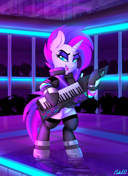 Size: 2000x2750 | Tagged: safe, artist:ciderpunk, derpibooru import, oc, oc:synthwave, pony, audience, boots, clothes, cyberpunk, eyeshadow, glowstick, keytar, makeup, musical instrument, neon, retro, retrofuturism, shoes, socks, stage, standing, synthwave, vest