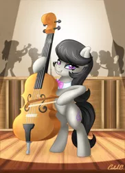 Size: 2000x2750 | Tagged: safe, artist:ciderpunk, derpibooru import, octavia melody, earth pony, pony, bedroom eyes, bow, bowtie, cello, concert, female, looking at you, mare, musical instrument, smiling, stage, standing