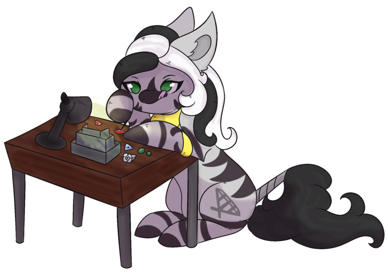 Size: 1900x1350 | Tagged: safe, artist:chimera-tea, derpibooru import, oc, oc:jewel stand, unofficial characters only, zebra, armband, female, jewelry, lamp, necklace, simple background, table, tail wrap, tongue out, transparent background