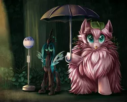 Size: 4500x3600 | Tagged: safe, artist:jadedjynx, derpibooru import, queen chrysalis, oc, oc:fluffle puff, changeling, changeling queen, pony, :p, bus stop, canon x oc, chrysipuff, crossover, female, fluffy, frown, hoof hold, leaf, lesbian, macro, mare, my neighbor totoro, parody, rain, shipping, size difference, studio ghibli, tongue out, tree, tree branch, umbrella, unamused, wet