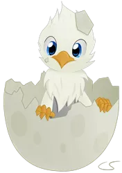 Size: 1024x1453 | Tagged: safe, artist:cyanspark, derpibooru import, oc, oc:der, unofficial characters only, gryphon, cute, egg, hatching, male, micro, simple background, solo, transparent background