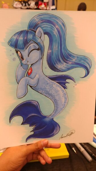 Size: 1152x2048 | Tagged: artist:jadedjynx, cute, derpibooru import, female, gem, one eye closed, ponytail, safe, seaponified, siren gem, solo, sonata dusk, species swap, traditional art