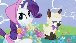 Size: 1920x1080 | Tagged: safe, derpibooru import, screencap, rarity, sweetie belle, pony, sheep, forever filly, animal costume, balloon, clothes, costume, lamb, sheepie belle, sweetie belle is not amused, unamused