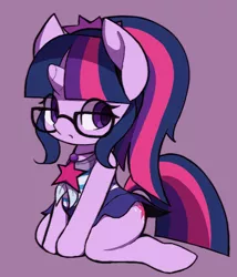 Size: 1463x1710 | Tagged: safe, artist:ccc, derpibooru import, sci-twi, twilight sparkle, ponified, pony, unicorn, clothes, cute, equestria girls ponified, female, glasses, looking at you, mare, purple background, simple background, skirt, solo, swimsuit, twiabetes