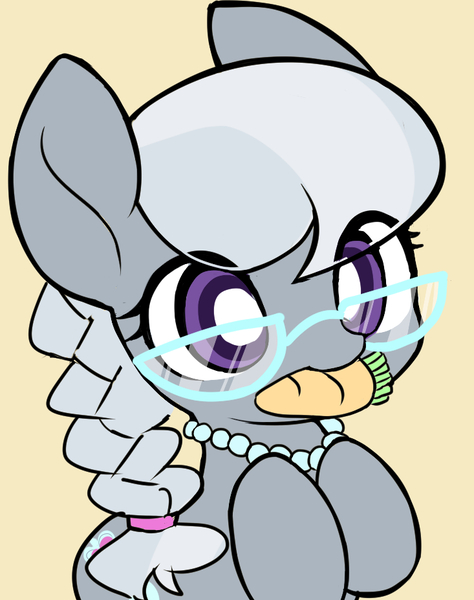 Size: 733x927 | Tagged: safe, artist:ccc, derpibooru import, silver spoon, earth pony, pony, carrot, ccc is trying to murder us, cute, daaaaaaaaaaaw, female, filly, food, glasses, hnnng, jewelry, looking at you, mouth hold, necklace, orange background, pearl, silverbetes, simple background, solo