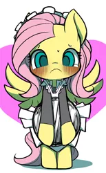 Size: 706x1144 | Tagged: safe, artist:ccc, derpibooru import, fluttershy, pegasus, pony, semi-anthro, bipedal, blushing, clothes, cute, dress, female, looking at you, maid, mare, shyabetes, solo, sweat