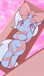 Size: 779x1342 | Tagged: suggestive, artist:ccc, derpibooru import, trixie, pony, bow, box, cute, diatrixes, female, gift wrapped, looking at you, mare, ribbon, solo, tied up