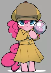 Size: 1090x1560 | Tagged: safe, artist:ccc, derpibooru import, pinkie pie, earth pony, pony, bipedal, clothes, coat, cute, detective, diapinkes, female, gray background, hat, looking at you, magnifying glass, mare, pixiv, simple background, solo