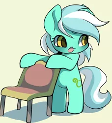 Size: 1250x1368 | Tagged: safe, artist:ccc, derpibooru import, lyra heartstrings, pony, semi-anthro, unicorn, bipedal, chair, chibi, female, looking at you, mare, simple background, solo