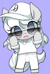 Size: 1247x1831 | Tagged: safe, artist:ccc, derpibooru import, silver spoon, earth pony, pony, baseball cap, cap, clothes, cute, gangsta, glasses, hat, jewelry, looking at you, necklace, pants, purple background, shirt, silverbetes, simple background, solo