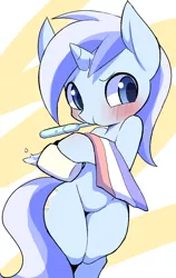 Size: 1172x1860 | Tagged: safe, artist:ccc, derpibooru import, minuette, pony, unicorn, blushing, cup, cute, female, mare, minubetes, solo, toothbrush, towel