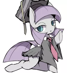 Size: 1989x2172 | Tagged: safe, artist:ccc, derpibooru import, maud pie, earth pony, pony, clothes, cute, female, graduation cap, hat, looking at you, mare, necktie, pleated skirt, simple background, skirt, solo, white background