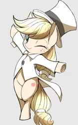 Size: 1169x1856 | Tagged: safe, artist:ccc, derpibooru import, applejack, earth pony, pony, clothes, cute, female, gray background, hat, jackabetes, looking at you, mare, one eye closed, simple background, solo, top hat, wink