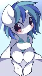 Size: 1320x2380 | Tagged: suggestive, artist:ccc, derpibooru import, vinyl scratch, pony, semi-anthro, unicorn, bikini, bipedal, blushing, chubby, clothes, cute, female, looking at you, mare, plump, solo, swimsuit, wrong eye color