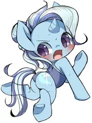 Size: 1061x1420 | Tagged: suggestive, artist:ccc, derpibooru import, trixie, pony, unicorn, blushing, clothes, cute, diatrixes, female, mare, one-piece swimsuit, simple background, solo, swimsuit, white background