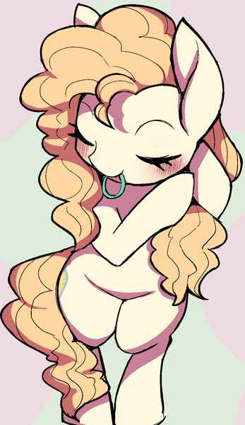 Size: 930x1608 | Tagged: safe, artist:ccc, derpibooru import, pear butter, earth pony, pony, bipedal, cute, eyes closed, female, hair tie, mare, mouth hold, pearabetes, simple background, solo