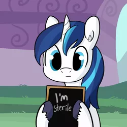 Size: 1650x1650 | Tagged: safe, artist:tjpones, derpibooru import, shining armor, pony, unicorn, :|, fun couples game meme, holding sign, implied cheating, infertility, juxtaposition, looking at you, male, sign, solo, unshorn fetlocks