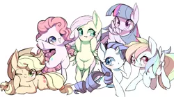 Size: 1846x1032 | Tagged: safe, artist:ccc, derpibooru import, applejack, fluttershy, pinkie pie, rainbow dash, rarity, twilight sparkle, twilight sparkle (alicorn), alicorn, earth pony, pegasus, pony, cute, dashabetes, diapinkes, female, jackabetes, mane six, mare, raribetes, shyabetes, simple background, twiabetes, white background