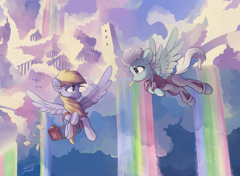 Size: 1600x1173 | Tagged: safe, artist:freeedon, derpibooru import, derpy hooves, fleetfoot, pegasus, pony, clothes, cloudsdale, duo, female, jumpsuit, letter, mailbag, mare, rainbow waterfall, scenery