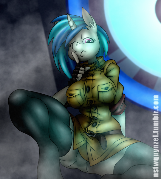 Size: 972x1080 | Tagged: suggestive, alternate version, artist:nsfwquynzel, derpibooru import, vinyl scratch, anthro, unicorn, breasts, clothes, explicit source, female, hellsing, hellsing ultimate, hellsing ultimate abridged, panties, seras victoria, shhh, shirt, socks, solo, thigh highs, underwear