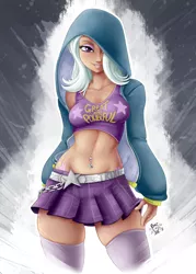 Size: 2000x2800 | Tagged: suggestive, artist:ponut_joe, derpibooru import, trixie, human, abstract background, beautiful, bedroom eyes, belly button, bellyring, belt, bra, bra strap, breasts, clothes, dark skin, eyelashes, eyeshadow, female, front view, great and powerful, high res, hoodie, humanized, image, jacket, lip gloss, looking at you, makeup, mascara, microskirt, midriff, miniskirt, moe, open clothes, piercing, pleated skirt, png, pose, seductive, seductive look, seductive pose, sexy, shirt, signature, skintight clothes, skirt, skirt lift, smiling, socks, solo, solo female, sports bra, standing, stars, stupid sexy trixie, sultry pose, tattoo, thigh highs, thighs, underwear, zettai ryouiki