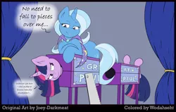 Size: 4500x2869 | Tagged: safe, artist:joey darkmeat, artist:wodahseht, derpibooru import, trixie, twilight sparkle, pony, unicorn, annoyed, bedroom eyes, box sawing trick, cape, clothes, colored, cut-up by joey darkmeat, dialogue, eye contact, female, frown, glare, grin, half, hoofy-kicks, legs in air, lesbian, looking at each other, magic trick, mare, modular, prone, pun, saw, shipping, sketch, smiling, teasing, trixie's cape, twixie, unamused