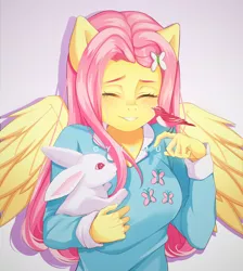 Size: 2500x2794 | Tagged: angel bunny, animal, anthro, artist:gyuumu, bird, bust, clothes, cute, derpibooru import, digital art, eyes closed, female, fluttershy, happy, high res, mare, pegasus, pleased, polo shirt, portrait, rabbit, safe, shirt, shyabetes, signature, simple background, smiling, solo, spread wings, text, t-shirt, wings
