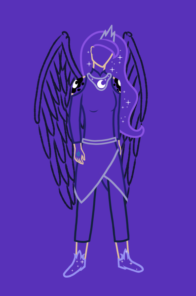 Size: 932x1408 | Tagged: alternate version, alternative cutie mark placement, artist:cyril_deroach, cutie mark, cutie mark on human, derpibooru import, human, humanized, lineart, princess luna, safe, simple background, solo, winged humanization, wings