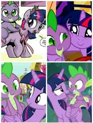 Size: 768x1018 | Tagged: safe, derpibooru import, edit, edited screencap, idw, screencap, spike, twilight sparkle, twilight sparkle (alicorn), alicorn, dragon, pony, castle sweet castle, lesson zero, molt down, spoiler:comic, spoiler:comic40, dragons riding ponies, riding, smiling, winged spike