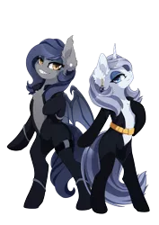 Size: 3508x4961 | Tagged: suggestive, artist:arctic-fox, derpibooru import, oc, oc:platinum decree, oc:vibrant vision, unofficial characters only, bat pony, pony, unicorn, belt, bipedal, catsuit, chest fluff, clothes, duo, ear piercing, earring, female, jewelry, looking at you, mare, piercing, simple background, skintight clothes, spy, transparent background, unzipped
