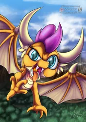 Size: 905x1280 | Tagged: safe, artist:calena, derpibooru import, smolder, dragon, school daze, season 8, claws, dragon wings, dragoness, fangs, female, fire, flying, horn, looking at you, open mouth, patreon, patreon logo, serious, serious face, sky, solo, spread wings, teeth, tongue out, wings