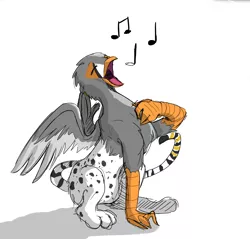 Size: 4000x3824 | Tagged: safe, artist:double-zr-tap, artist:gyrotech, color edit, deleted from derpibooru, derpibooru import, edit, oc, oc:ruzeth, unofficial characters only, gryphon, colored, griffonized, male, music notes, simple background, singing, solo, species swap, white background